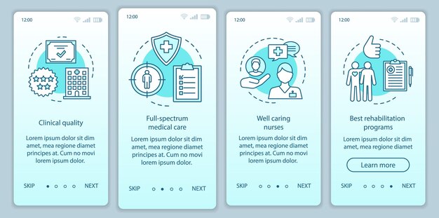 Usługi medyczne rozwijają szablon wektora ekranu strony aplikacji mobilnej. Leczenie jakościowe, rehabilitacja. Przewodnik po krokach strony internetowej z ilustracjami. Koncepcja interfejsu smartfona UX, UI, GUI