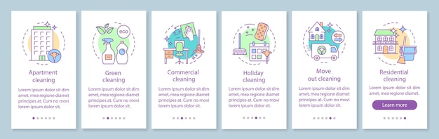 Usługi sprzątania, włączanie ekranu strony aplikacji mobilnej, koncepcje liniowe. Komercyjne, wakacyjne, wyprowadzkowe sprzątanie. Sześć kroków instrukcji graficznych instrukcji. Szablon wektorowy UX, UI, GUI z ilustracjami