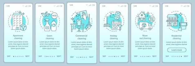 Usługi Sprzątania, Włączanie Ekranu Strony Aplikacji Mobilnej, Koncepcje Liniowe. Mieszkalny, Zielony, Wyprowadzić Sprzątanie. Sześć Kroków Instrukcji Graficznych Instrukcji. Szablon Wektorowy Ux, Ui, Gui Z Ilustracjami