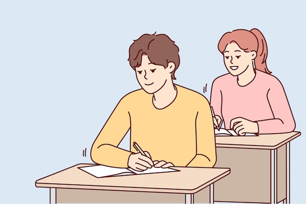 Uśmiechnięci Uczniowie Siedzą Przy Biurku, Pisząc Na Lekcji