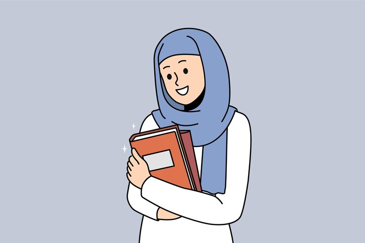 Wektor uśmiechnięta arabska kobieta w hidżabie z książkami w rękach