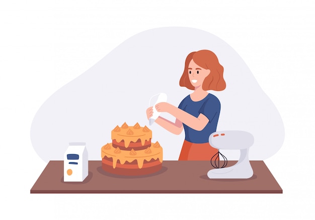 Plik wektorowy uśmiechnięta dziewczyna danie tort na kuchennym stole. kobieta w kuchni przygotowuje domowe posiłki na obiad. ilustracja gotowanie w domu koncepcji