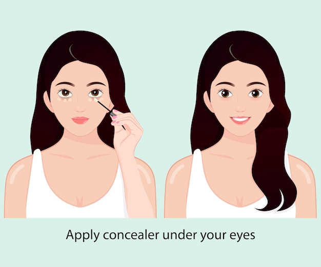 Uśmiechnięta dziewczyna nakładająca korektor pod oczy przed i po makijażu koncepcji pielęgnacji skóry