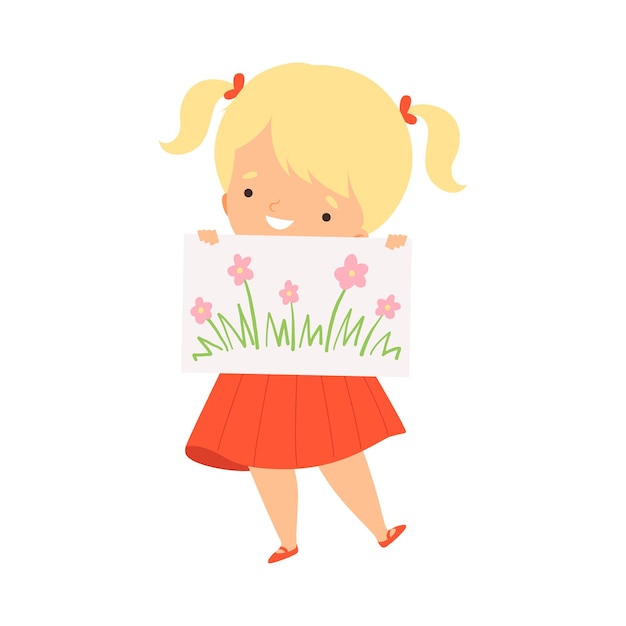 Plik wektorowy uśmiechnięta dziewczyna pokazująca papier z ilustracją kwiatową