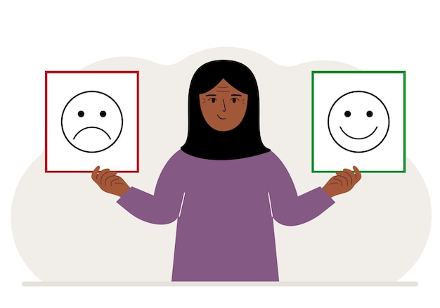 Plik wektorowy uśmiechnięta kobieta trzyma kartę ze smutnym emoji w jednej ręce i uśmiechniętym emoji w drugiej koncepcja masek emocji lub pomocy psychologicznej