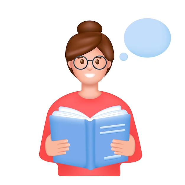 Uśmiechnięta młoda kobieta czytanie książki 3d Edukacja studiuje koncepcję badania wiedzy uczenia się