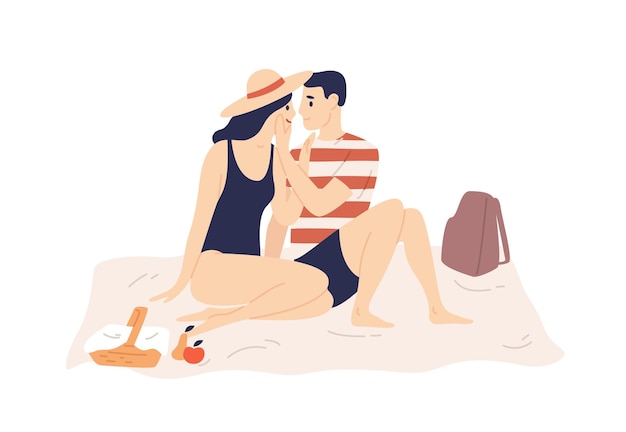 Uśmiechnięta Para W Stroju Kąpielowym Siedzi Na Kratę Ma Romantyczną Randkę Na Zewnątrz Wektor Płaska Ilustracja