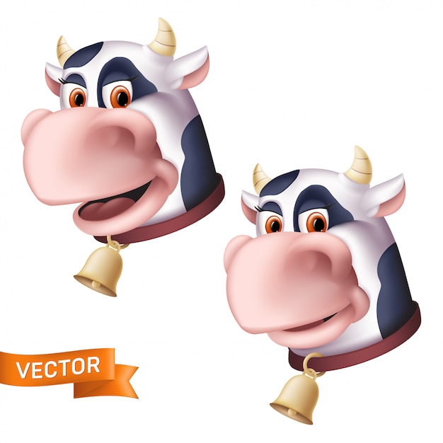 Uśmiechnięte kreskówki krowy charakter głowy ikony. ilustracja rogatego zwierzęcia domowego ze złotym dzwonkiem na białym tle.