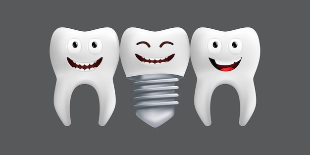 Uśmiechnięte Zęby Z Metalowym Implantem. ładny Charakter Z Wyrazem Twarzy. Zabawny Projekt Dla Dzieci. Realistyczna Ilustracja Dentystycznego Modelu Ceramicznego Na Białym Tle Na Szarym Tle