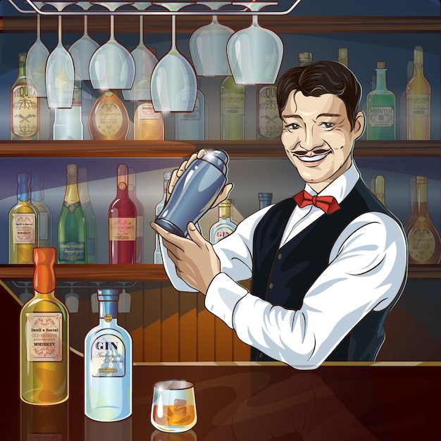 Plik wektorowy uśmiechnięty barman w pracy