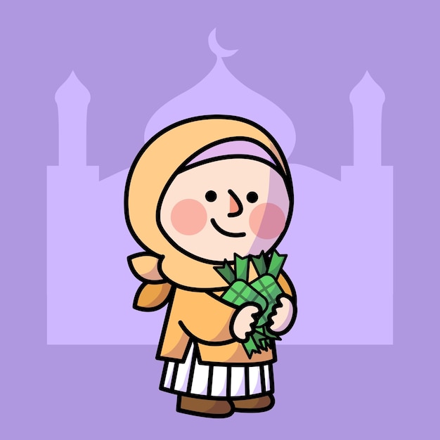 Uśmiechnięty Chłopiec Dziewczynka świętuje Eid Fitr Mubarak Doodle Ilustracja Plakatu Zasób