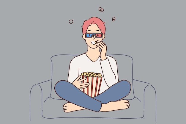 Uśmiechnięty Facet Ogląda Film Jedzący Popcorn
