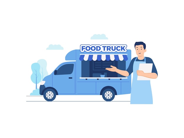 Uśmiechnięty kelner witający klientów, którzy przyjdą food truck fast foody lody van festiwal ulicznego jedzenia