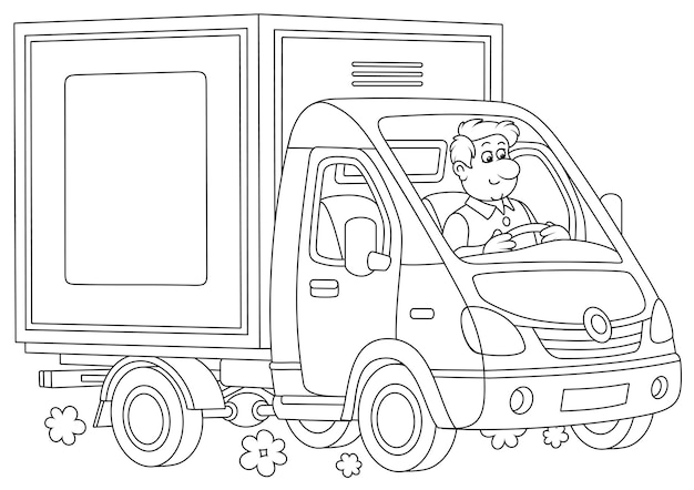 Plik wektorowy uśmiechnięty kierowca w swoim małym samochodzie dostawczym do transportu towarów