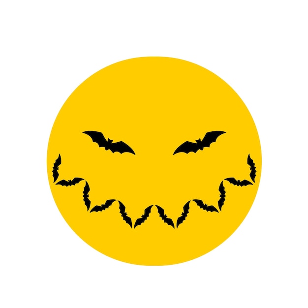 Uśmiechnięty księżyc Czarna sylwetka nietoperzy na tle żółtego księżyca Płaska ilustracja wektorowa