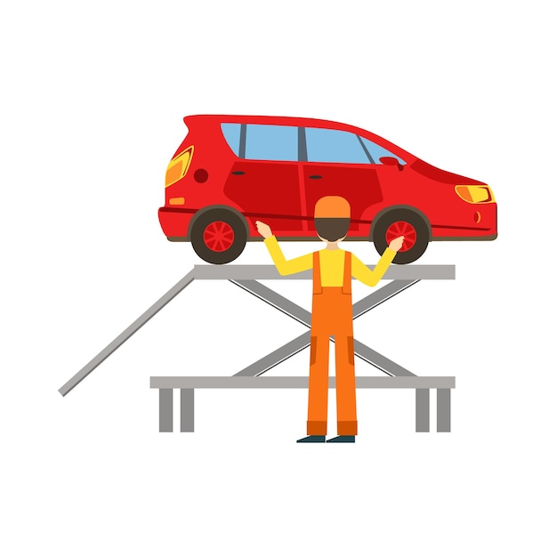 Uśmiechnięty Mechanik Sprawdzający Pojazd W Garażu Warsztat Samochodowy Ilustracja Usługi