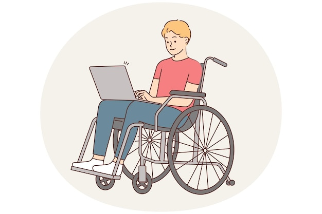 Plik wektorowy uśmiechnięty mężczyzna na wózku inwalidzkim pracuje na komputerze