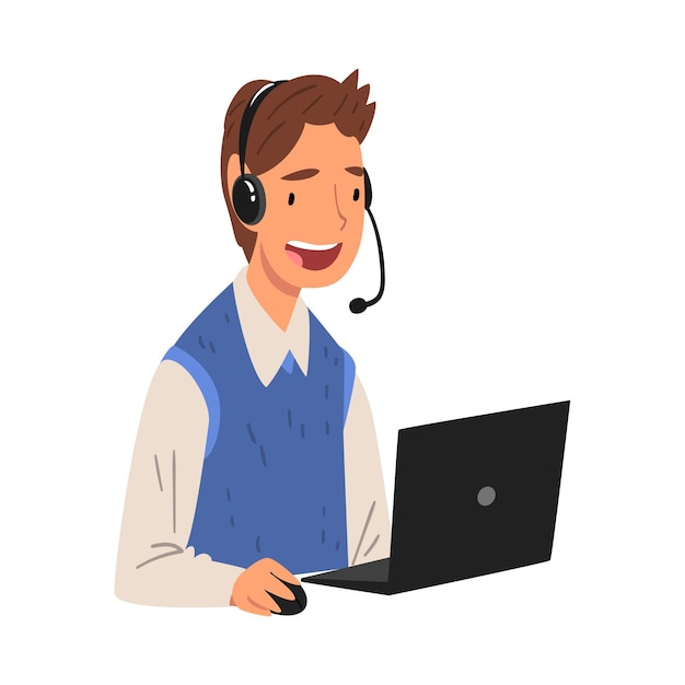 Uśmiechnięty mężczyzna operator call center online asystent obsługi klienta z konsultantem słuchawek