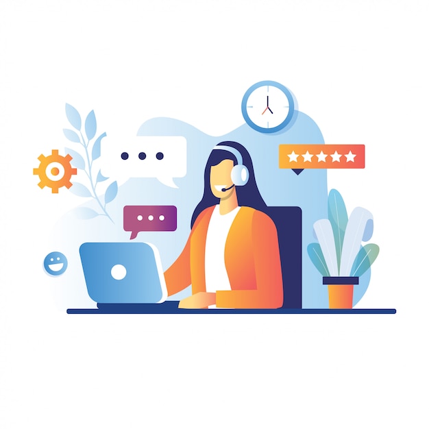 Uśmiechnięty młoda kobieta operator opowiada z klientem z słuchawki. Postaci z kreskówek dla koncepcji call center. serwis wsparcia, ilustracja konsultanta telefonicznego online