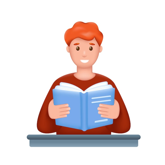 Uśmiechnięty młody student lub freelancer z otwartą książką 3d męski charakter