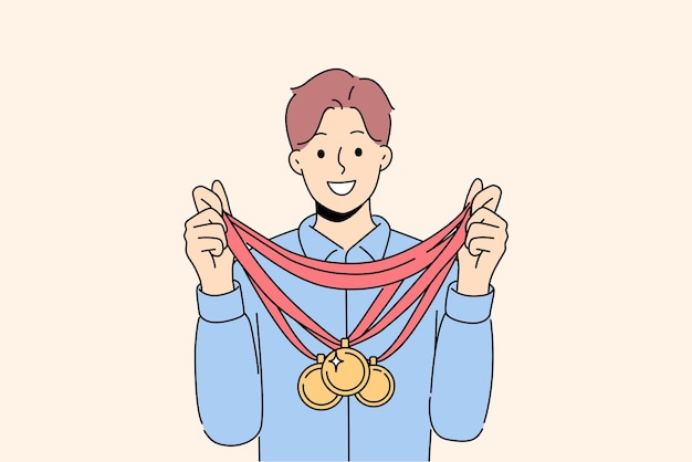 Uśmiechnięty Sportowiec Ze Złotymi Medalami