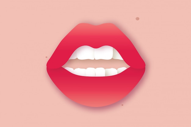 Usta Kobiety Usta Dziewczyny Z Bliska. Czerwona Szminka. Białe Zęby