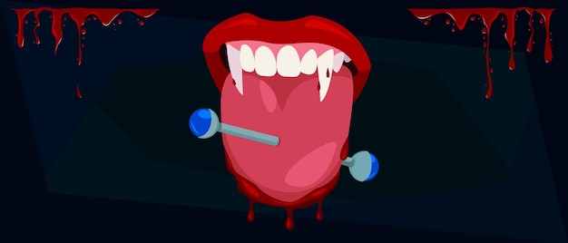 Plik wektorowy usta z wampirzymi zębami i wystającym językiem we krwi baner halloweenowy z przekłutym językiem