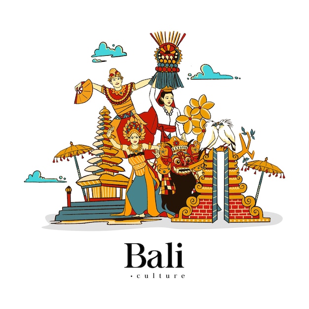 Ustaw Balijski Ilustracja. Ręcznie Rysowane Tła Kultur Indonezyjskich