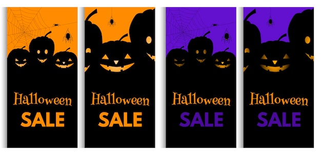 Ustaw baner promocji sprzedaży Halloween z najsłodszymi dyniami i pająkami na pomarańczowym i fioletowym tle