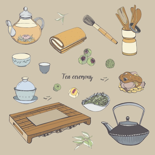 Plik wektorowy ustaw ceremonię herbaty za pomocą różnych tradycyjnych narzędzi. czajnik, miski, gaiwan. ilustracja kolorowy.