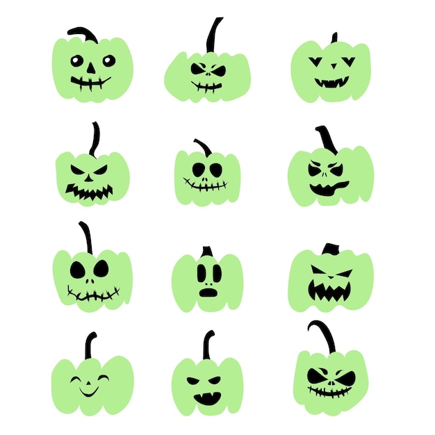 Ustaw Dynię Na Białym Tle Zielona Dynia Z Uśmiechem Do Projektowania Na święta Halloween