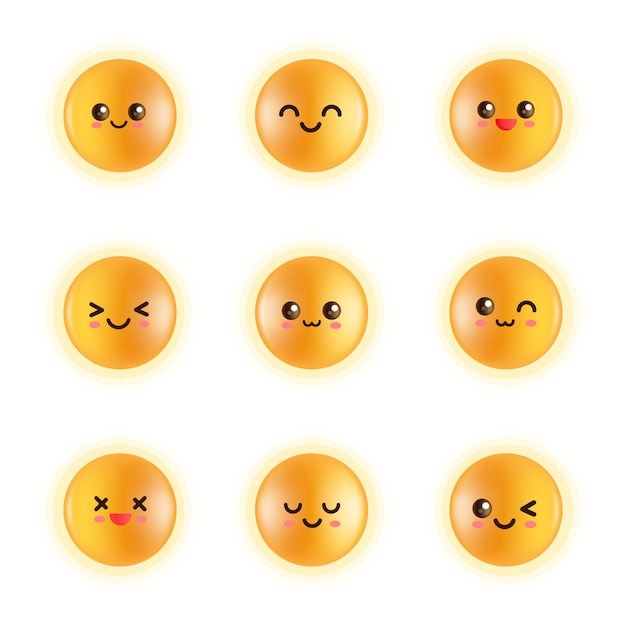Plik wektorowy ustaw emoji żółtej twarzy, musujące kółko żółtka, świecące kule, błyszczące żółtko, kurze jaja