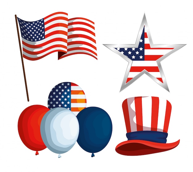 Ustaw flagę USA z gwiazdą i balony z kapeluszem