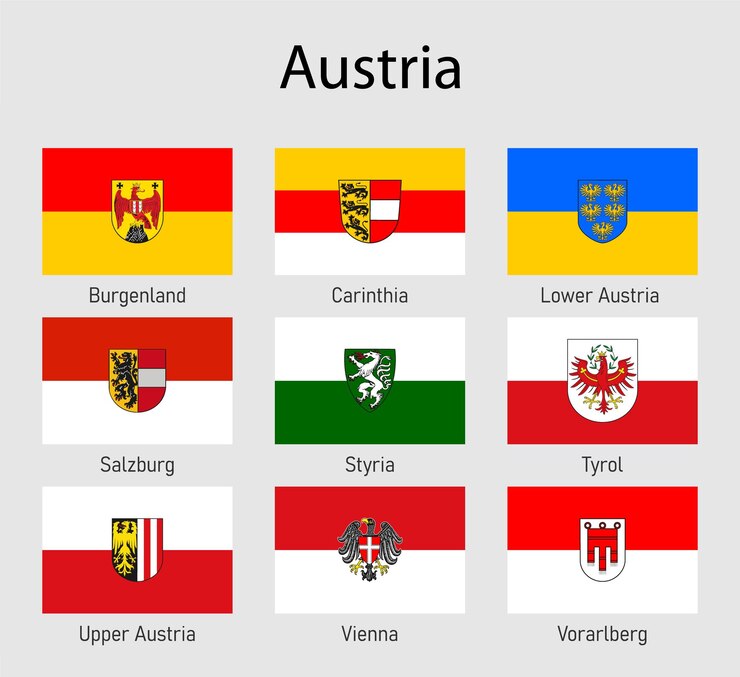 Ustaw Flagi państw Austrii Kolekcja flag wszystkich regionów Austrii