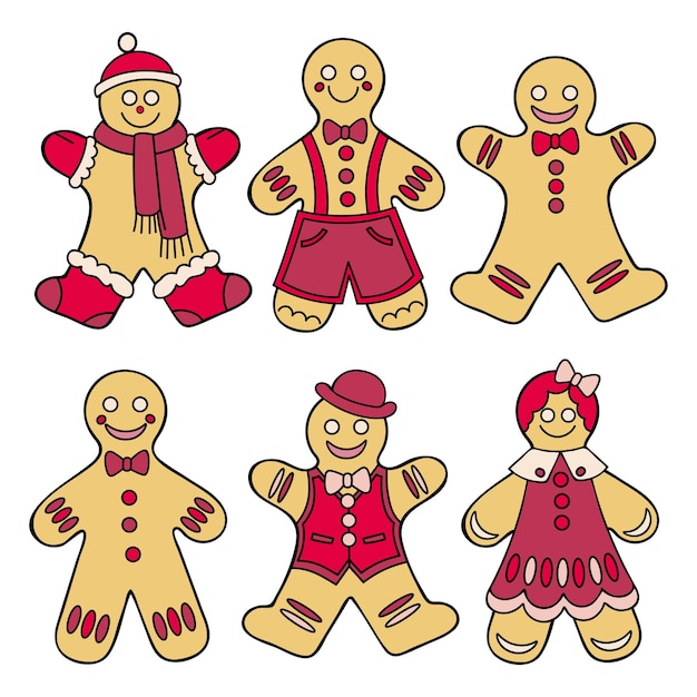 Ustaw Gingerbread Men świąteczne Słodkie Ciasteczka Ręcznie Narysowana Ilustracja Płaska