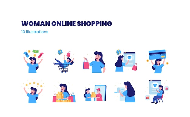 Ustaw Ilustrację Koncepcji E-commerce Aktywności Zakupów Online Kobiety