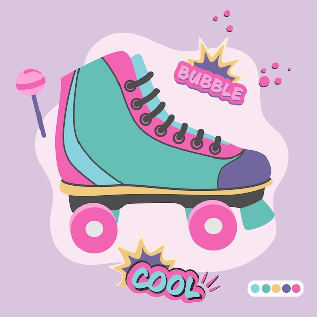 Ustaw Ilustracje W Stylu 90 Roller Skates Naklejki I Lizak W Płaskim Projekcie