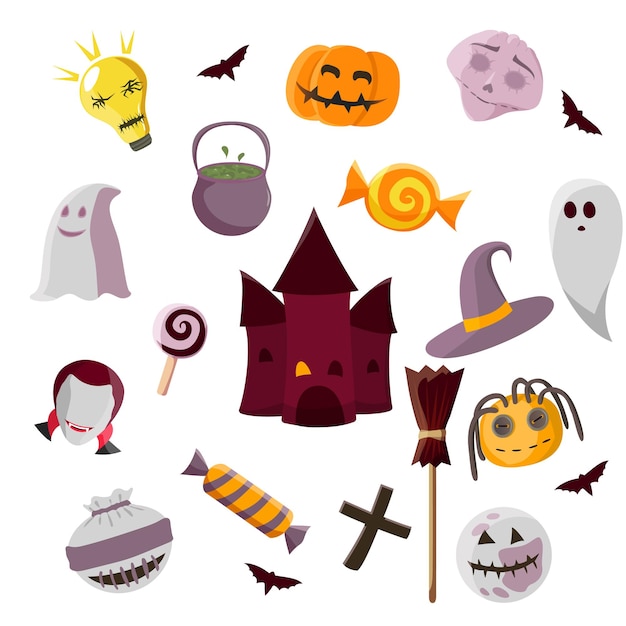 Ustaw ilustrację wektorową dziwacznych zabawnych elementów projektu Halloween w stylu retro Halloween, takich jak cukierki