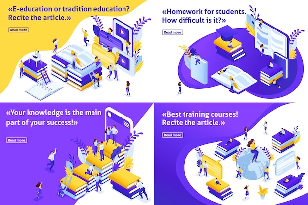 Ustaw izometryczną koncepcję e-edukacji lub edukacji tradycyjnej, uczniowie na całym świecie otrzymują bezpłatną i płatną edukację.