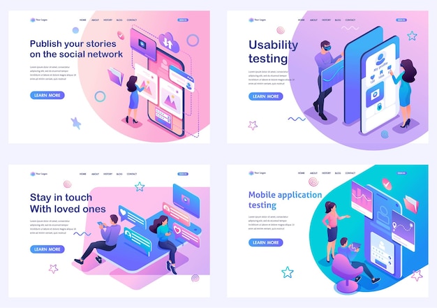 Ustaw Izometryczne Strony Docelowe Ludzie Testują I Używają Aplikacji Mobilnych W Sieciach Społecznościowych Dla Strony Internetowej