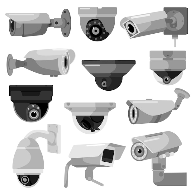Ustaw kamerę CCTV na białym tle. Nadzór sprzętu dla ochrony, bezpieczeństwa i oglądania, ilustracji wektorowych. Aparat bezpieczeństwa w stylu Płaska konstrukcja.