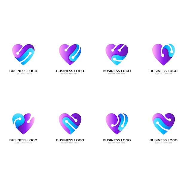 Ustaw Logo Love Tech, Miłość I Technologię, Logo Kombinacji Z 3d Niebieskim I Fioletowym Stylem Kolorystycznym