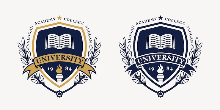 Wektor ustaw logo uniwersytetu tarcza godło odznaka szablon wektor ilustracja projektu w kolorze złotym i niebieskim