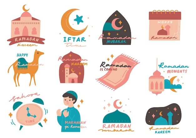 Plik wektorowy ustaw naklejkę ramadanu w płaskim stylu, ilustrację doodle, elementy projektu kart życzeń eid al fitr