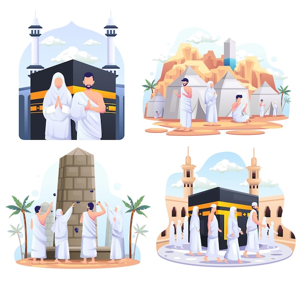 Ustaw Pakiet Pary Muzułmańskiej Robi Islamską Ilustrację Pielgrzymki Hadżdż