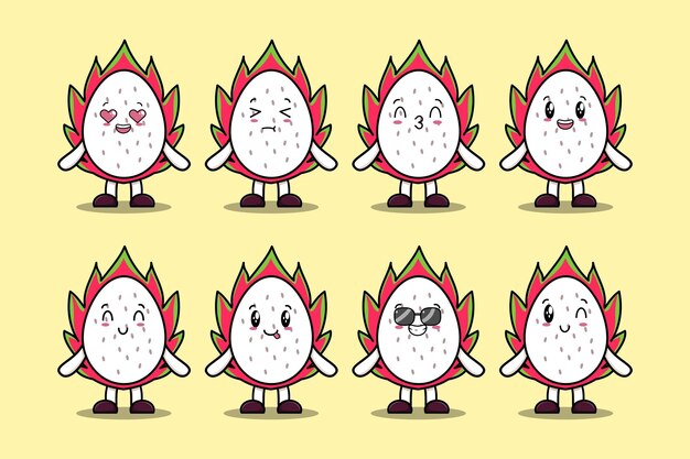 Ustaw Postać Z Kreskówki Kawaii Dragon Fruit Z Różnymi Wyrażeniami Kreskówka Twarz Wektor Pozdrowienie