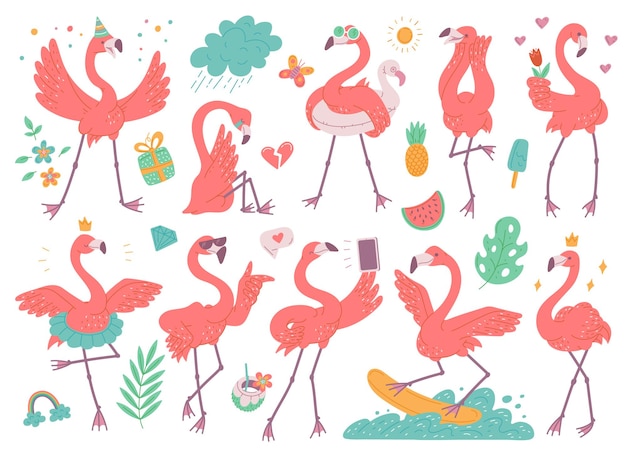 Ustaw różne emocje różowe flamingi postaci z kreskówek płaskie ilustracja na białym tle.