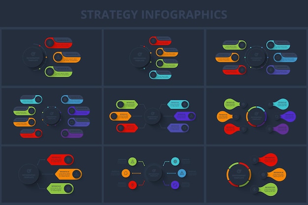 Ustaw strategię i infografikę z 3 4 6 8 krokami lub procesami Szablon dla sieci na czarnym tle