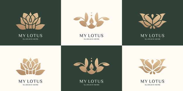 Ustaw szablon kolekcji logo lotosu Luksusowy abstrakcyjny kwiat lotosu w kolorze złotym wektor Premium