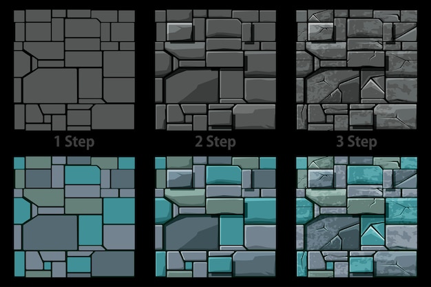 Plik wektorowy ustaw teksturę kamienia bez szwu, rysunek w 3 krokach. tło kamienne płytki ścienne.